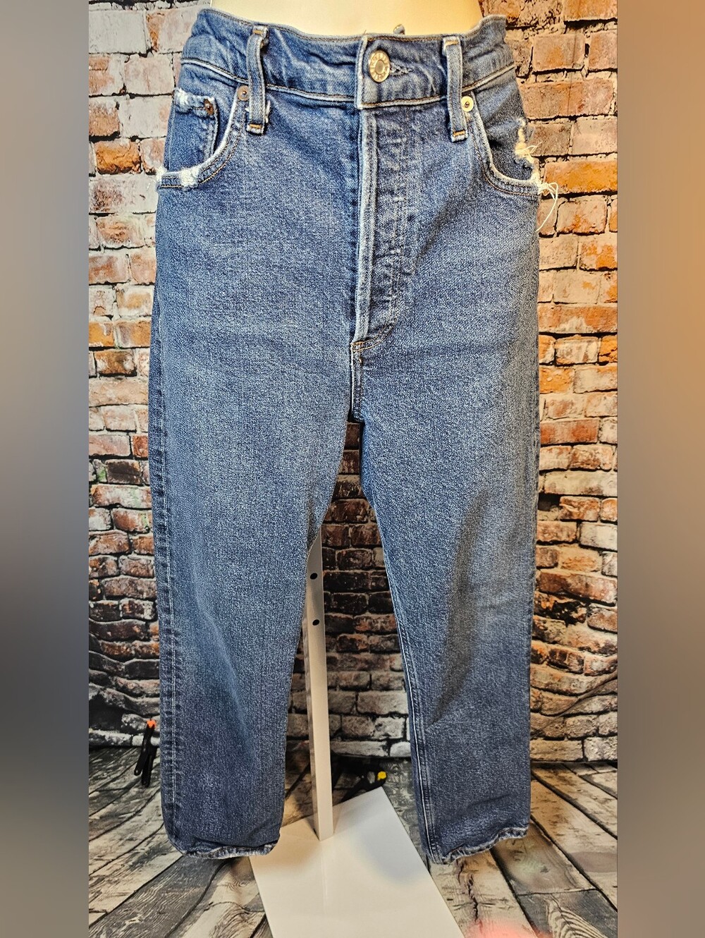 AGOLDE Riley High Rise Straight Crop Jeans Distressed Blue Size 29
